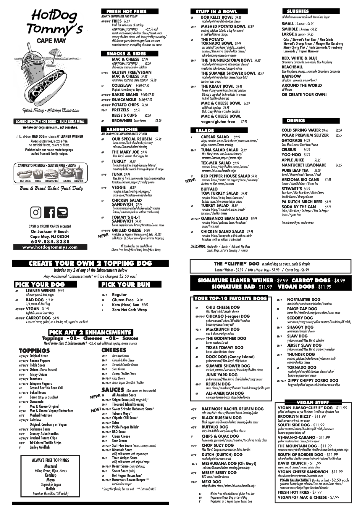 Full menu for Hot Dog Tommy's, a hot dog stand in Cape May, NJ, listing all the available food and beverage items