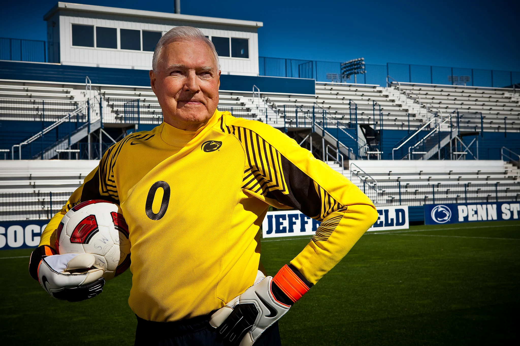 Photo of senior man soccer goalie at Penn State soccer stadium