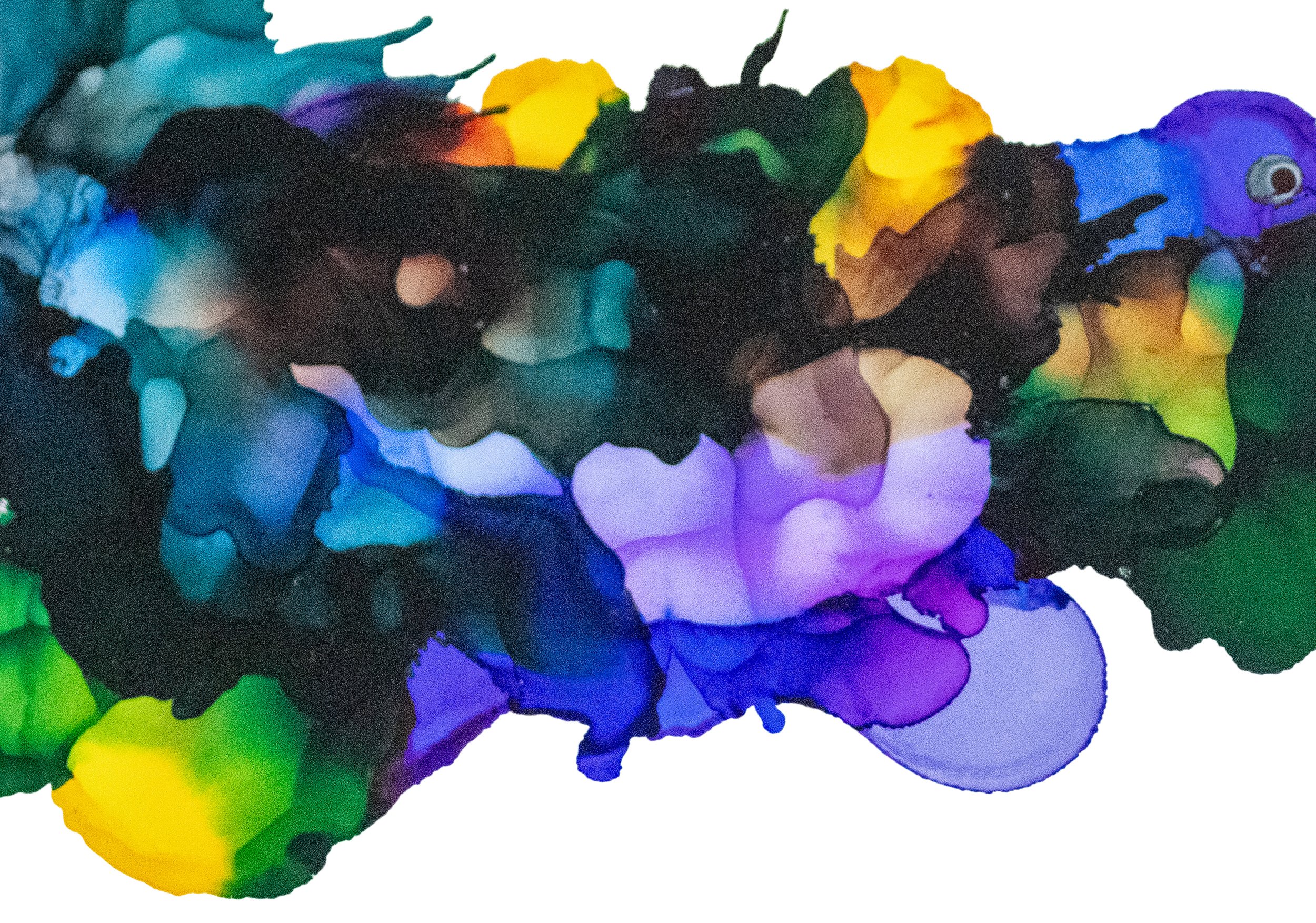 Abstract multicolored ink blots with shades of blue, purple, yellow, green, and black.