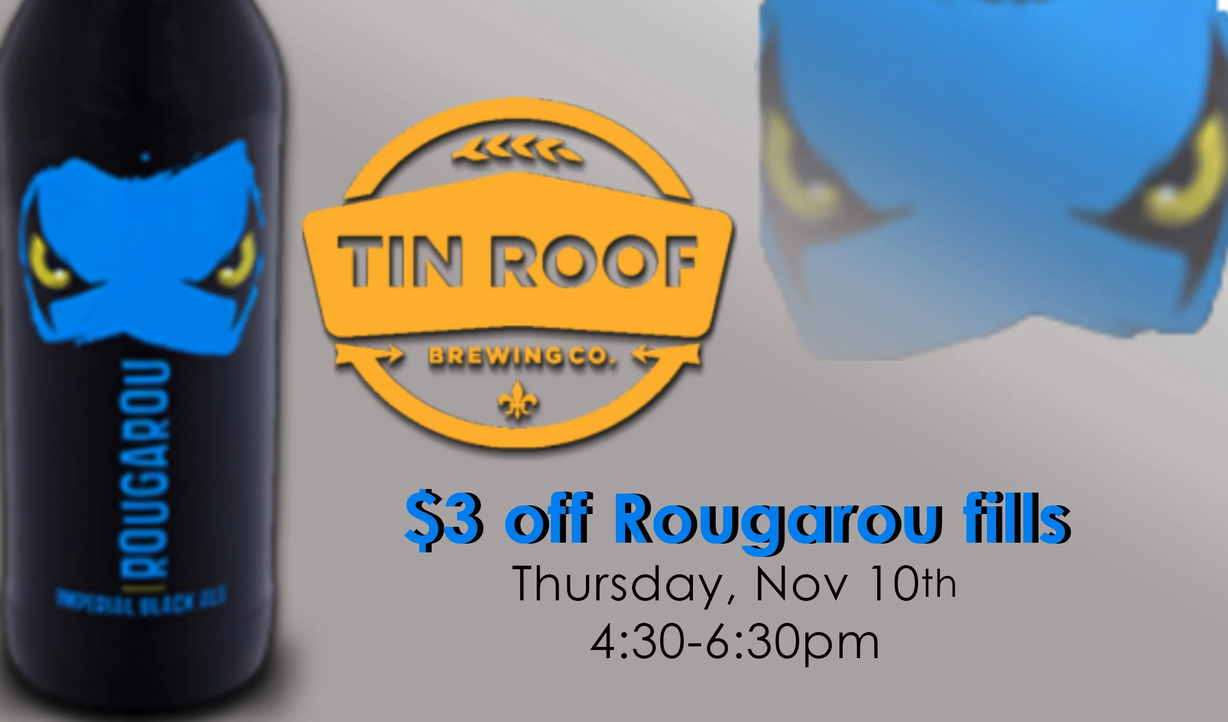 Tin Roof is coming to dish out free samples of their seasonal "Rougarou". Stories abound of the night-lurking, bayou-wandering creature of Cajun lore, the Rougarou, a shadow that haunts night walkers who venture into his realm. Like its namesake, this dark, malty beast of a brew will maul your palate with a vicious hop backbone, elusive roast undertones and an intense aroma. STATS: Malts: Pale Ale, Pilsen, Munich, Melanoidin, Chocolate, Black Hops: Magnum, Cascade, Centennial, Chinook, Glacier, Palisade, Citra, Amarillo ABV: 9.7% IBU's: 108