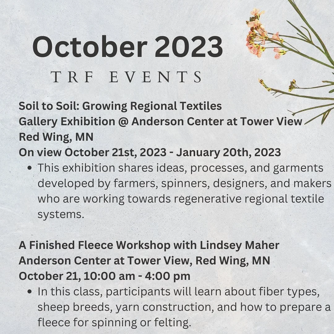 Upcoming events and classes! See the full list with the link in our bio! 🍂🐑🌼

#threeriversfibershed #fibershed