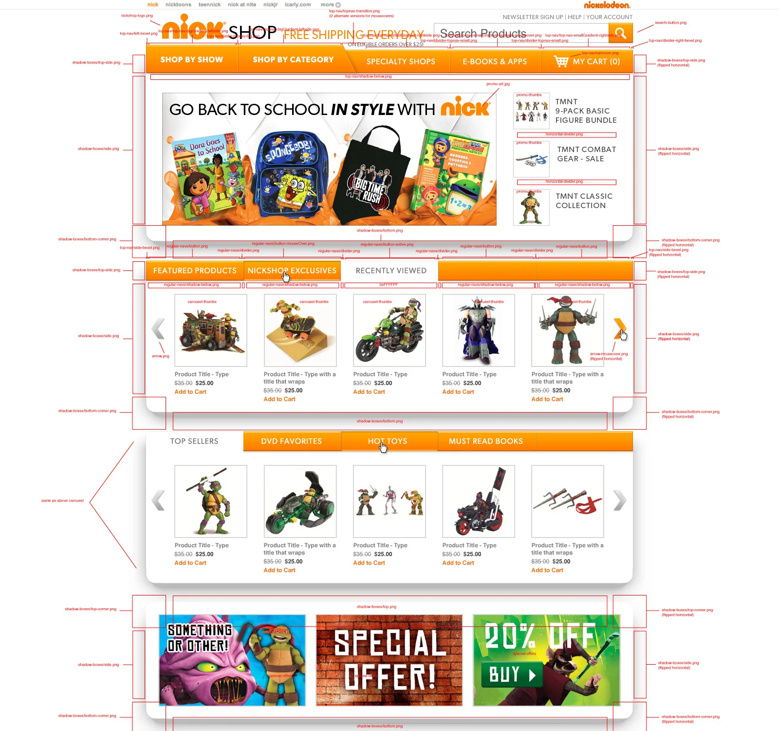  Homepage broken down into design elements for coding. 