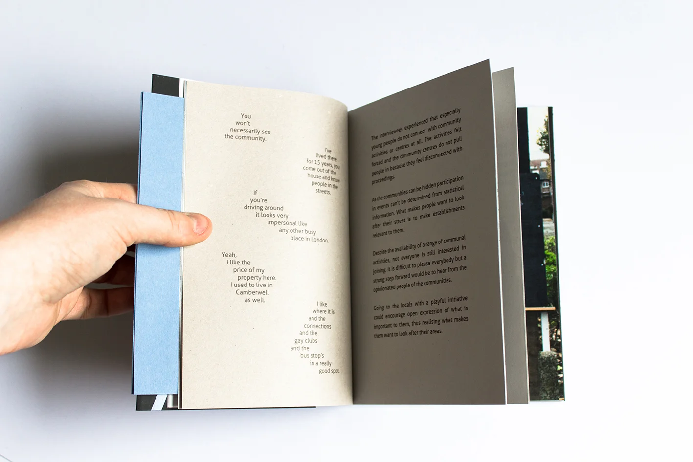 The book features locals' comments and interviews about their community. 
