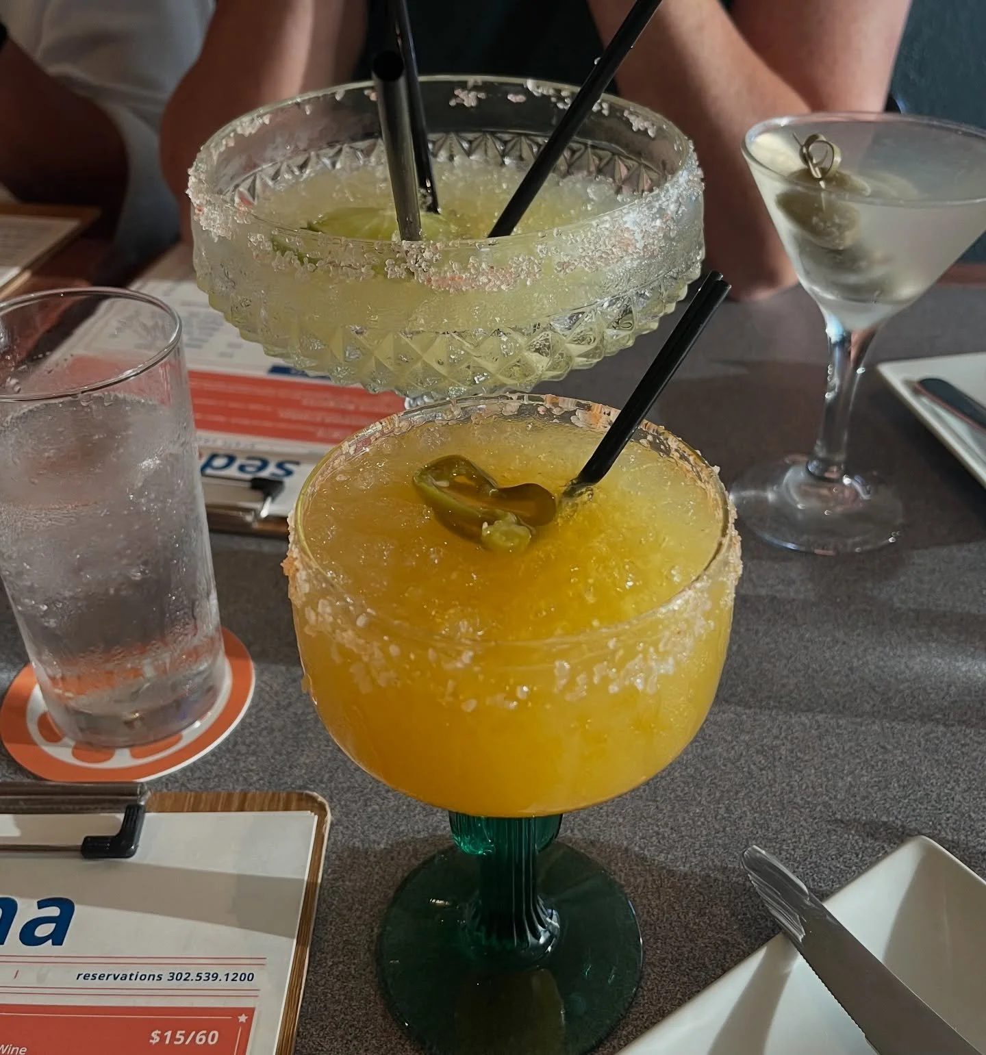 The drinks are flowing like the Verde River tonight @ Sedona. Featured here are our Spicy Mango Margarita, our Millionaire Margarita and a frosty Belvedere Classic Martini with delicious Blue Cheese Olives.