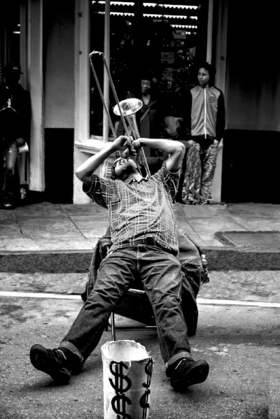 About 'Trombone Man': 'I’m not drawn to pretty. I’m not drawn to landscapes or to flowers or, truth be known, to color. I think I see the world in black and white. To me, black and white strips the noise from an image.' (© Sandra Jetton 2017) 