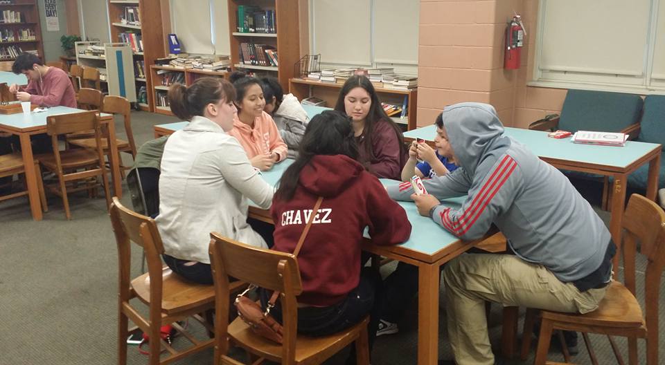 Students socializing and playing a game at Richards Career Academy H.S.
