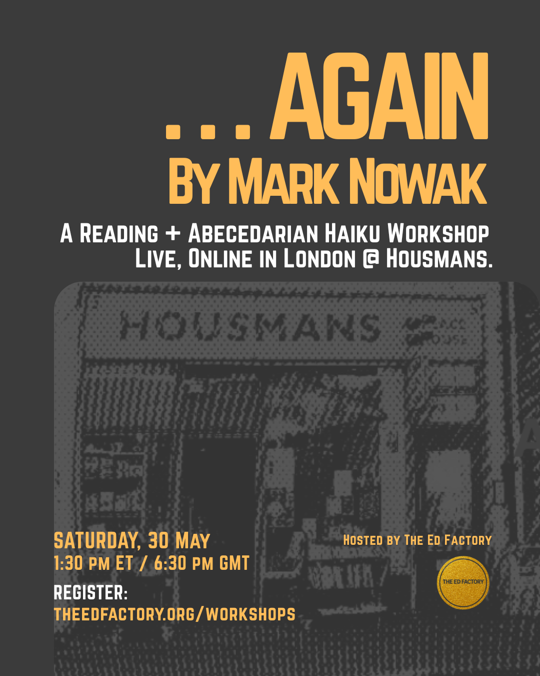 Gold letters against dark brown background, Housmans Bookshop faded in background, white informational text.