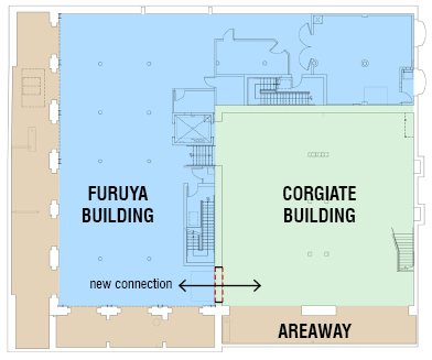 ABOVE: Diagram showing the existing spaces of what were previously two separate buildings and the areaway under the sidewalk that now makeup the entirety of Flatstick Pub. RIGHT: Characteristic of many of the original buildings in the region, the space below the sidewalk, technically outside the building, was left open after the streets were raised. This space, known as the “areaway” was once the main access to the building, and is still open to the inside, today. The existing arched openings were used to divide the areaway into private party event spaces while maintaining the historic charm of the original building elements