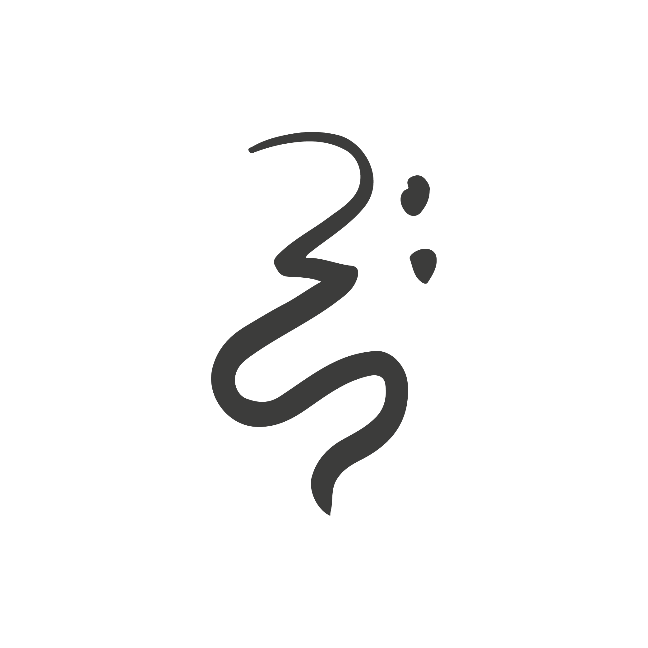A simple line drawing of a deeply curved vertical line and two small dots lined vertically on the upper left of the line