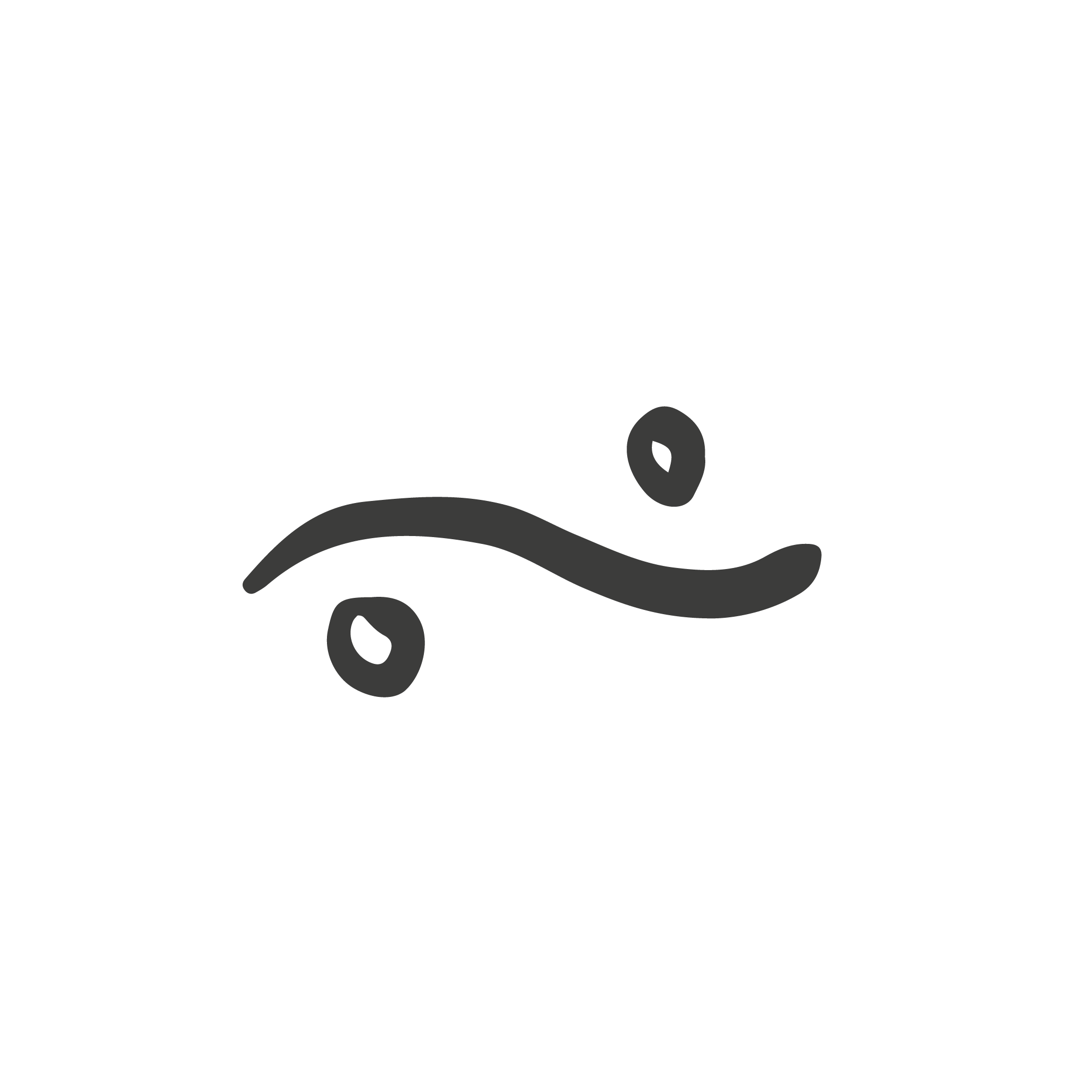 A stylized black fish design with a curved body and eye, set against a black background.