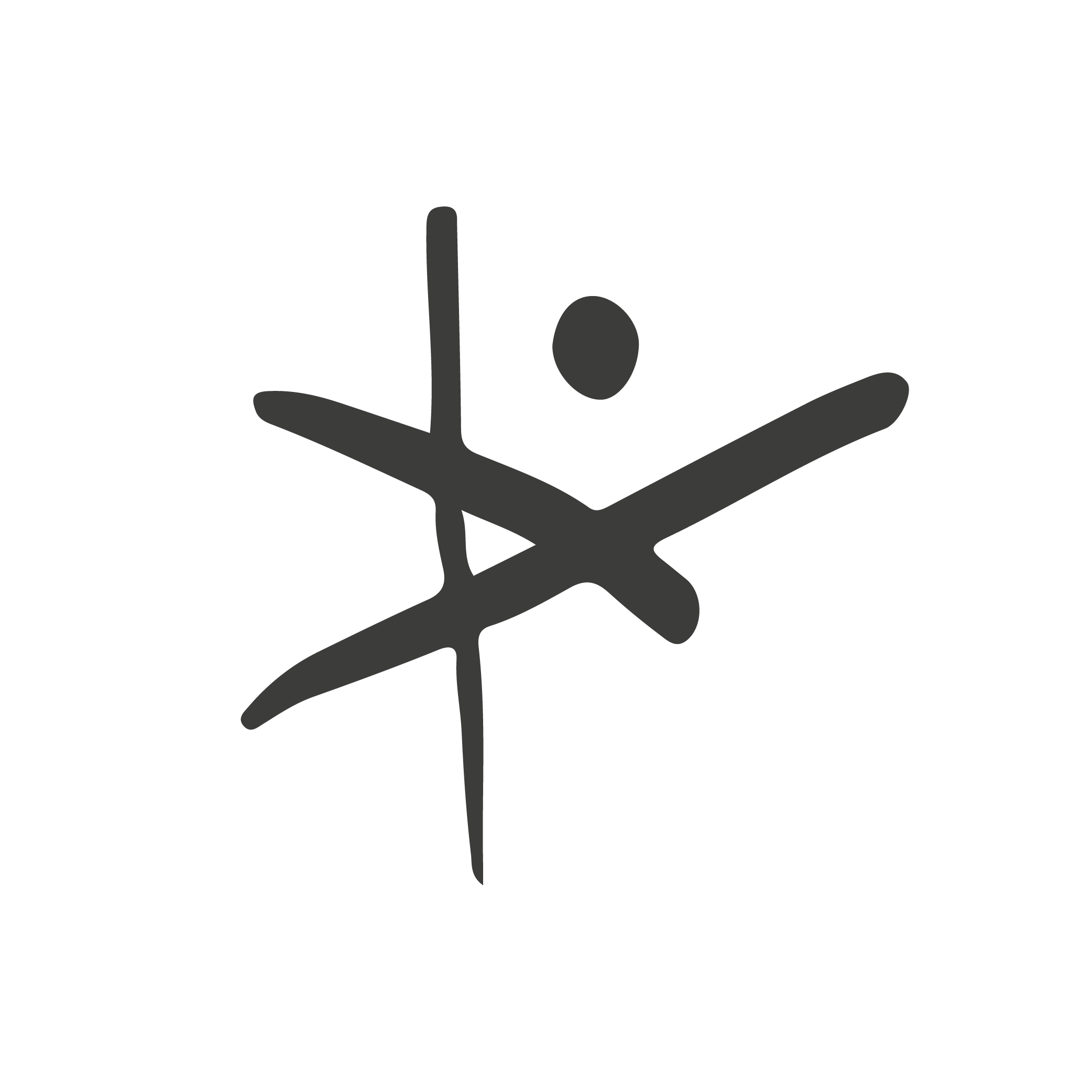 Black and white line drawing of a 3D human figure standing on a platform with one arm raised.