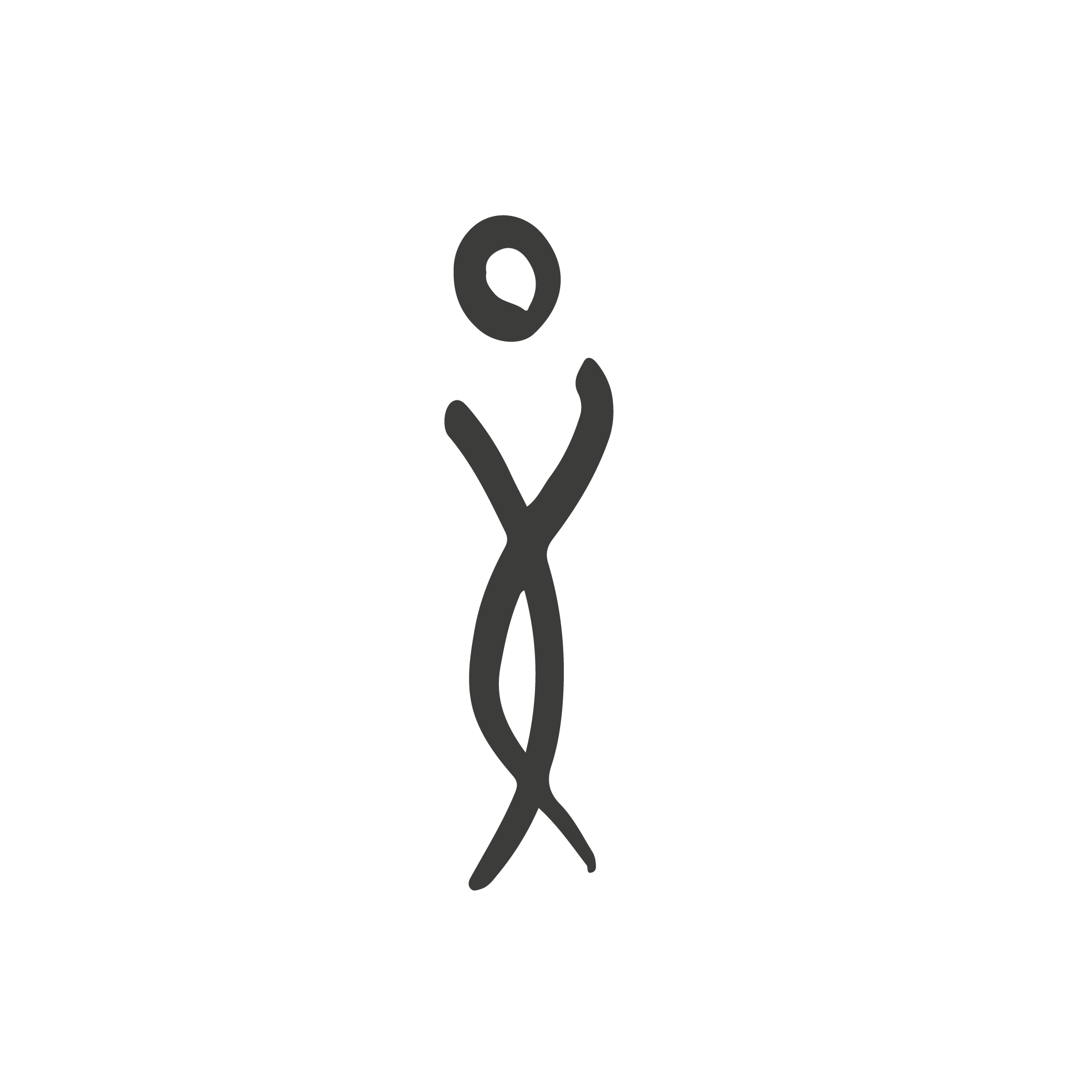 A simple line drawing of a human figure, with a circle for a head and two curved vertical lines for the body