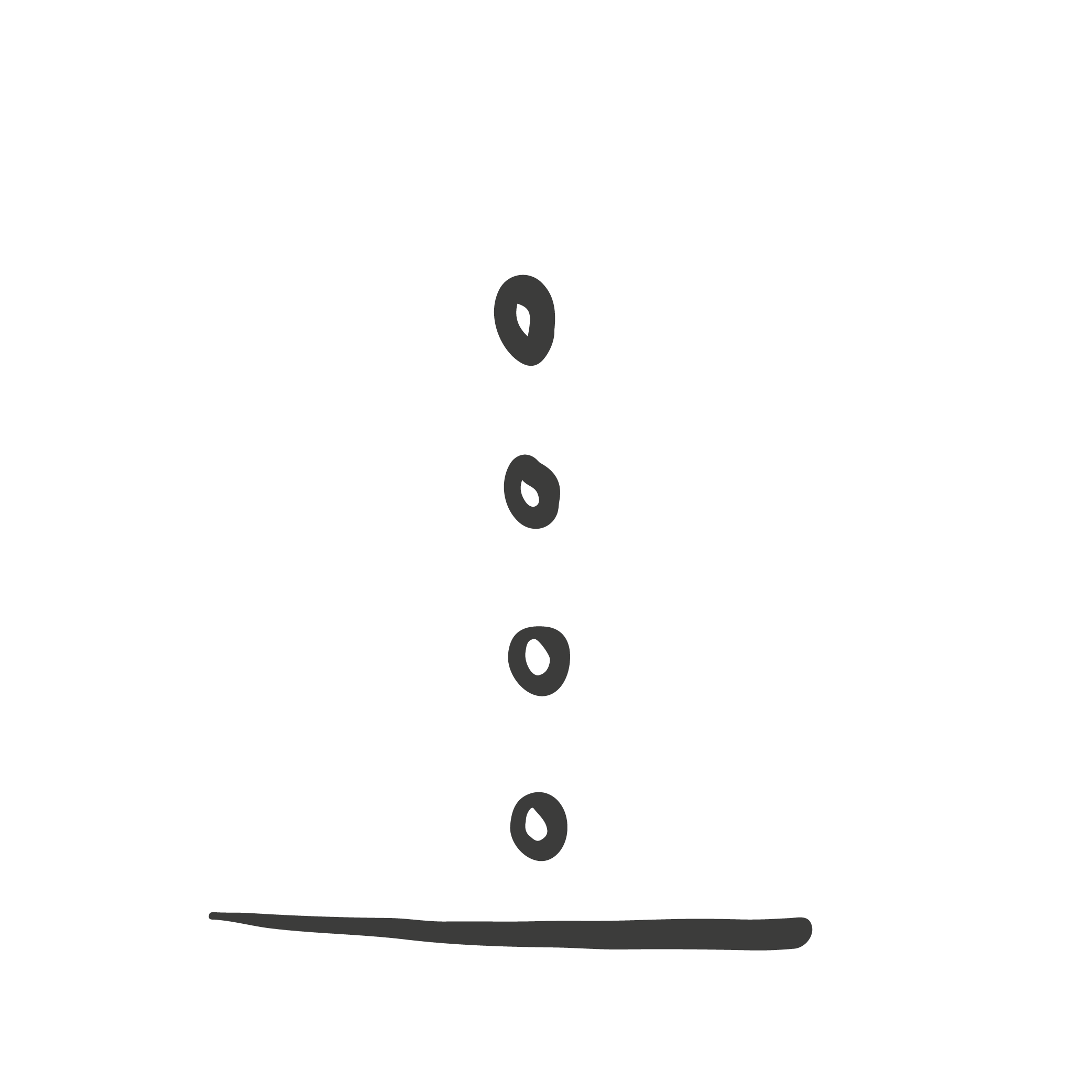 Black and white drawing of a horizontal line with four small circles lined up in a vertical row above the line