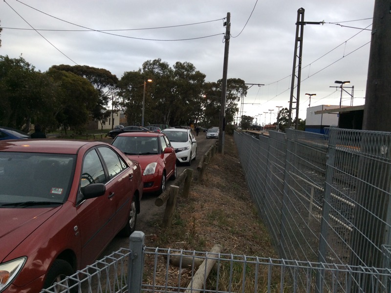 Looking south from entry to station, east side of tracks, Merlynston station.