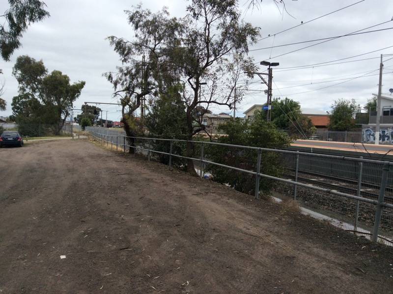 Southern end of Merlynston station carpark looking south, some established trees. You can just see the Upfield path to left of pic.