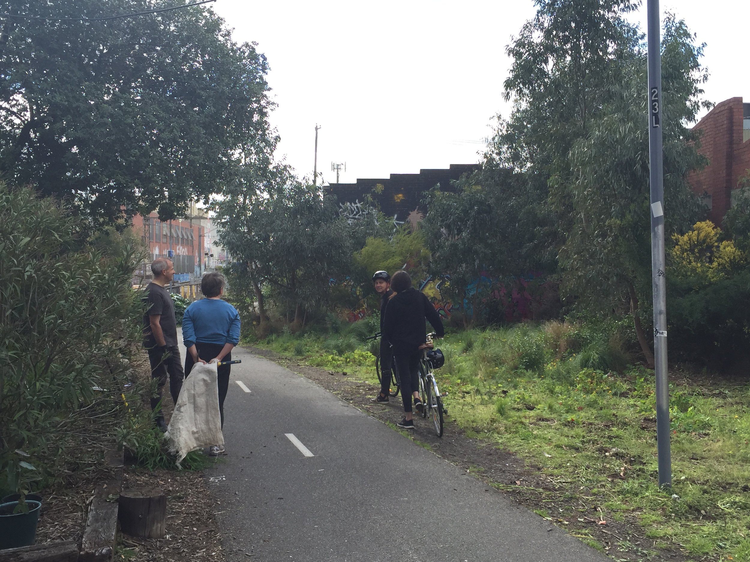 Can you believe that this is a train station in the middle of Brunswick - totally amazing and green. A place where passers-by stop and say g'day. Here are Alex, Jo, Jeremy and Tamara - all wonderful volunteers helping create an urban forest.