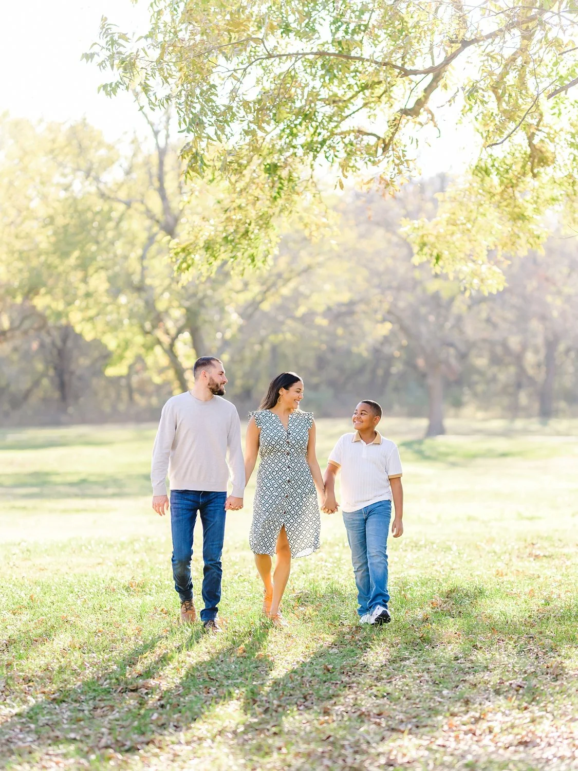 family walking photo in the Dallas texas fall