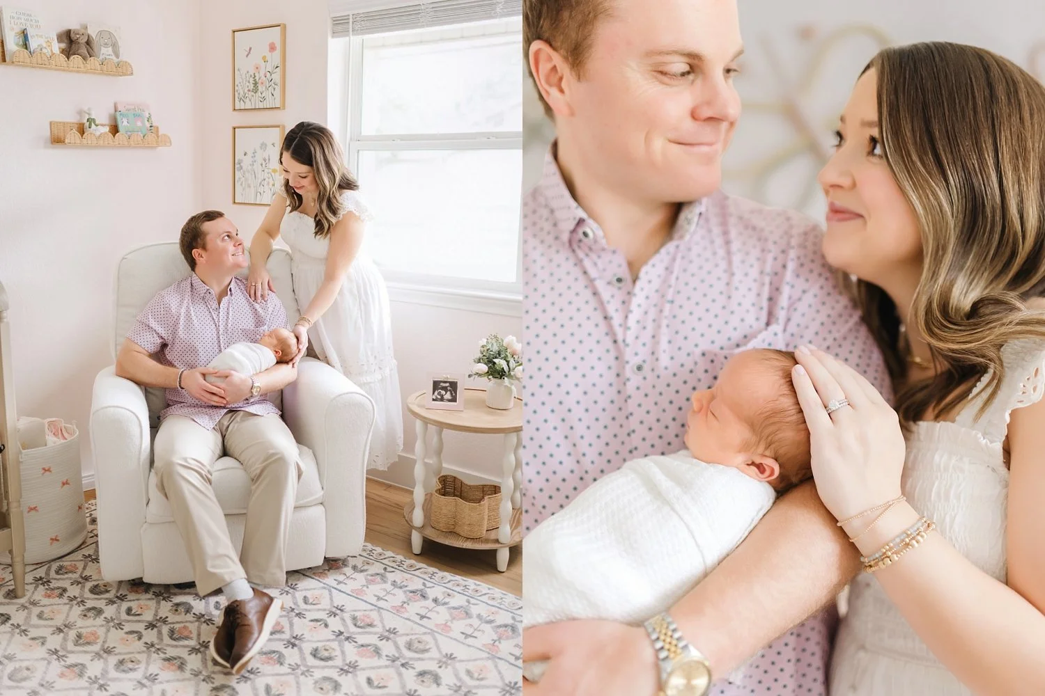 mom and dad with newborn for photos in nursery