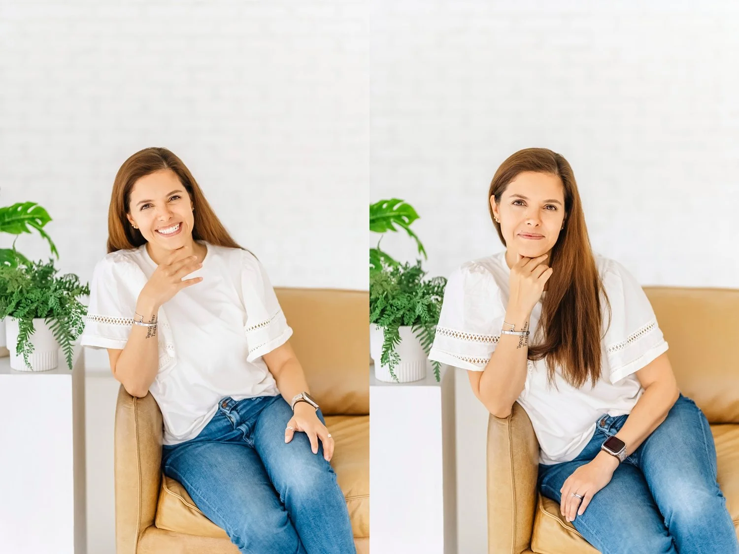 branding photos of businesswoman with plants and couch