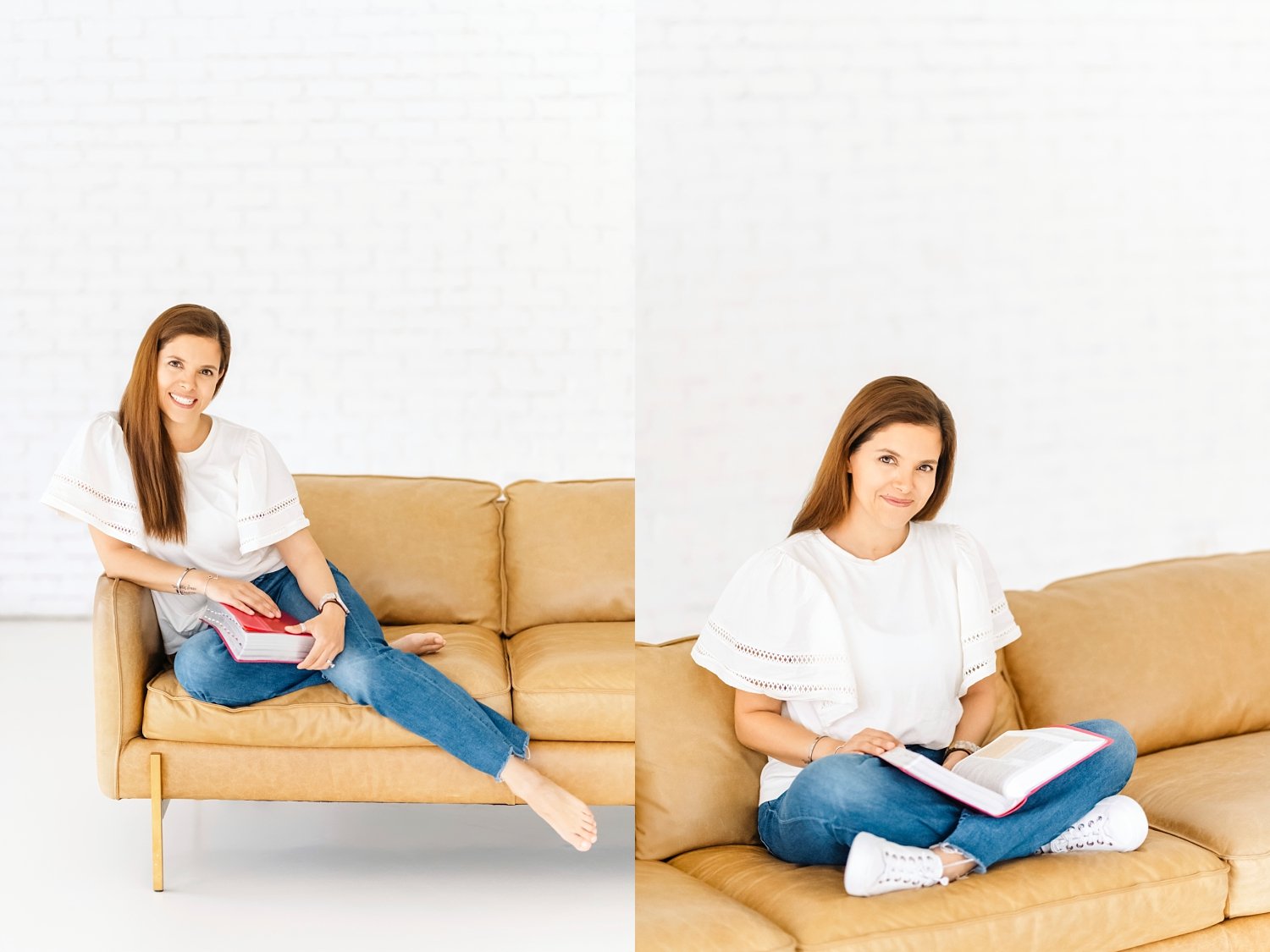 Christian podcaster with Bible on couch