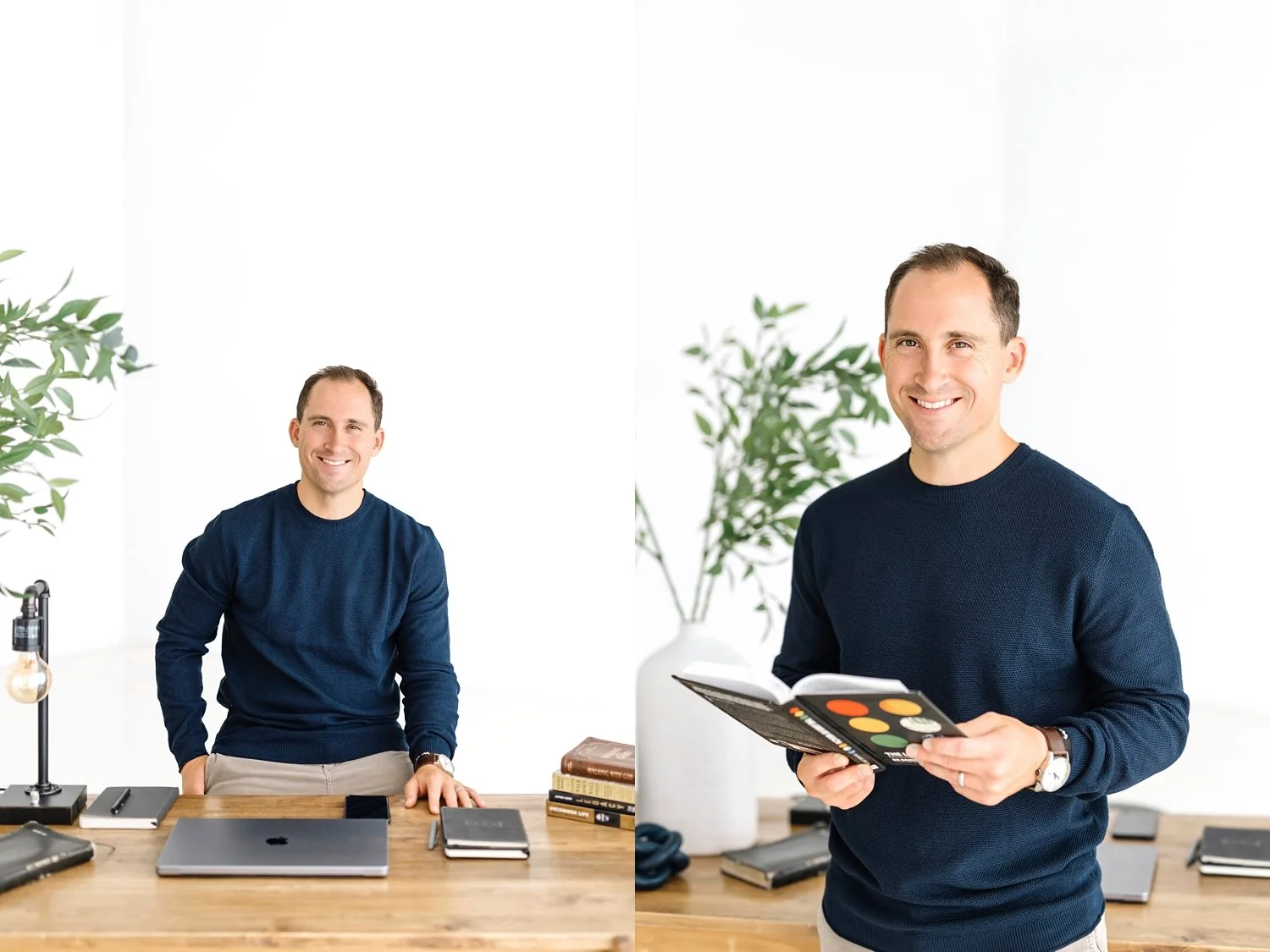 small business owner man with laptop and book