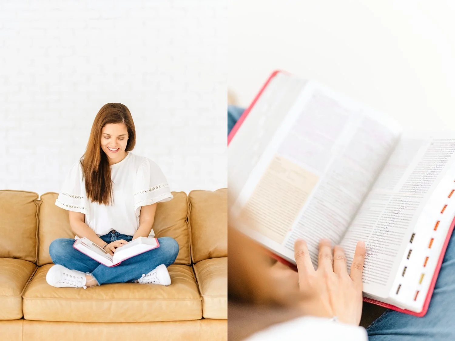 Christian business owner branding photos with Bible and couch
