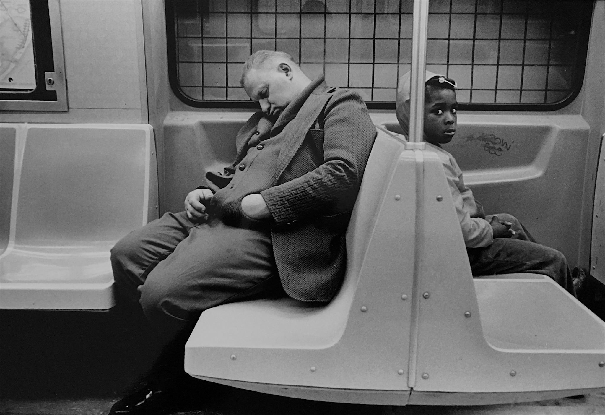 subway sleeper + glaring kid, nyc, c. 1985