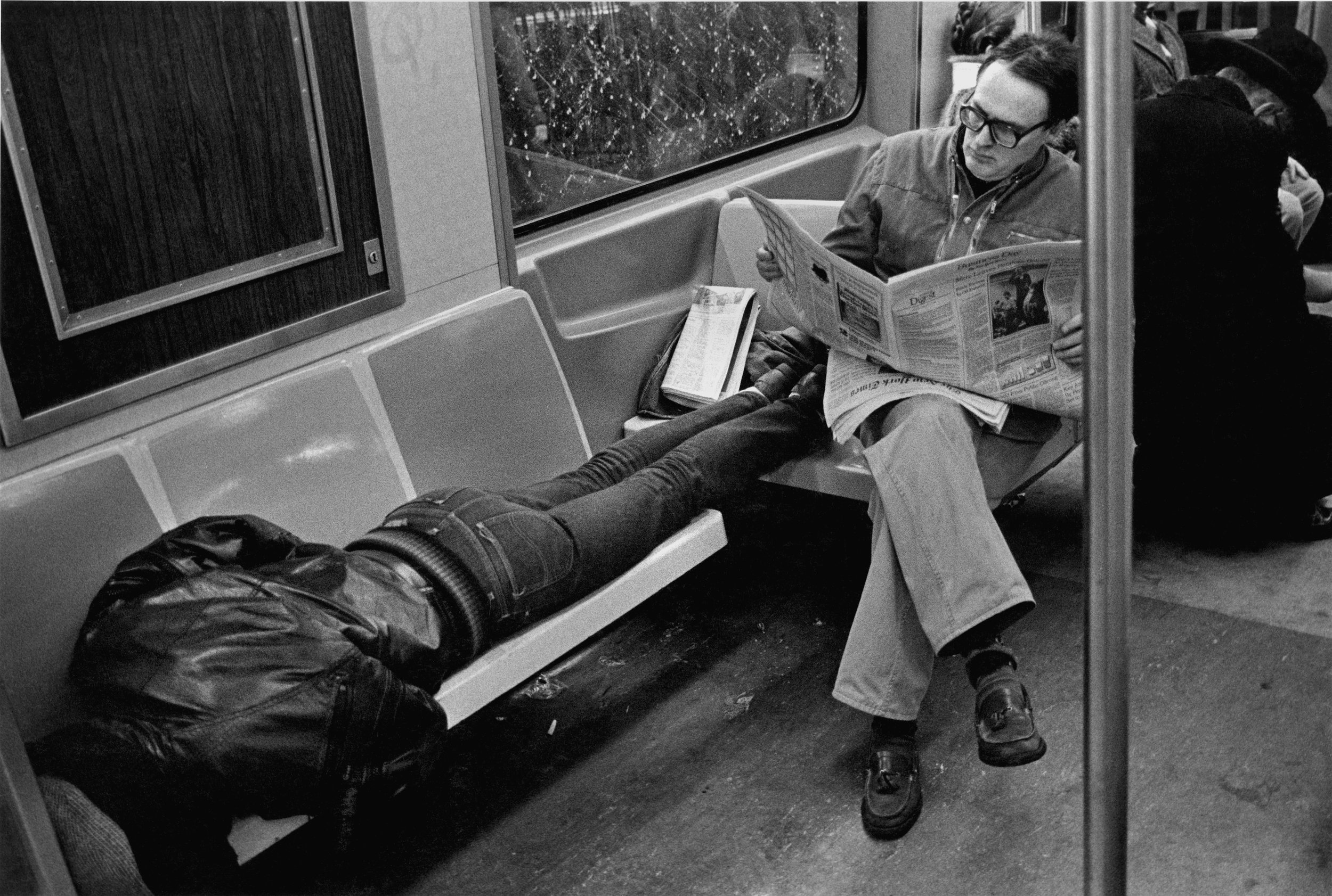 feet up on nyt reader’s seat, nyc, c. 1985