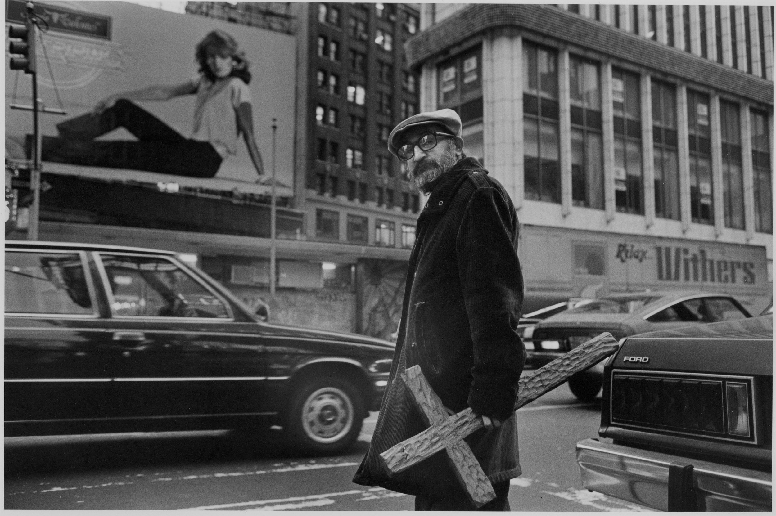 man with cross, times sq., nyc, c. 1981