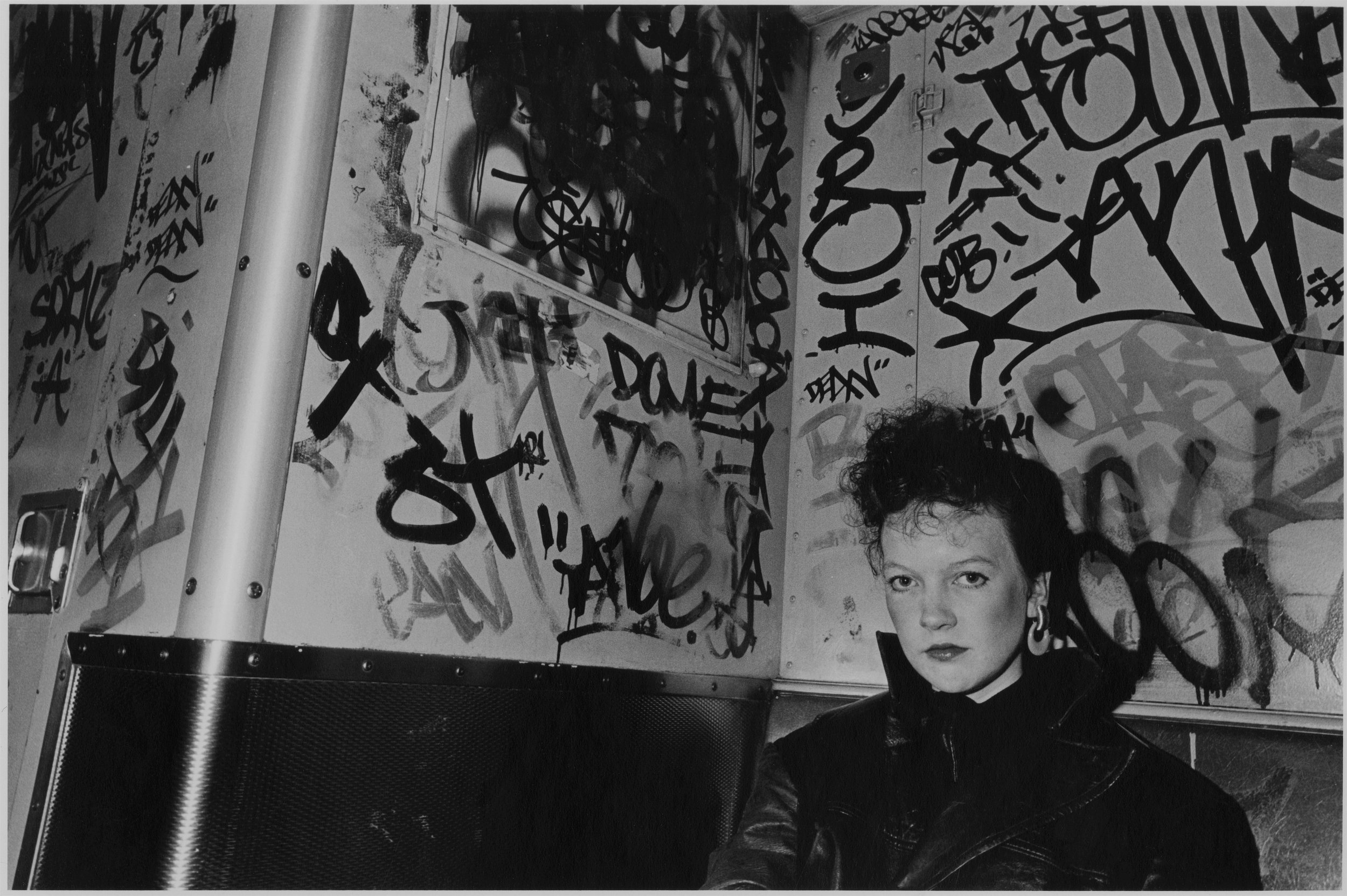 punk (sw) on graff train, nyc, 1981