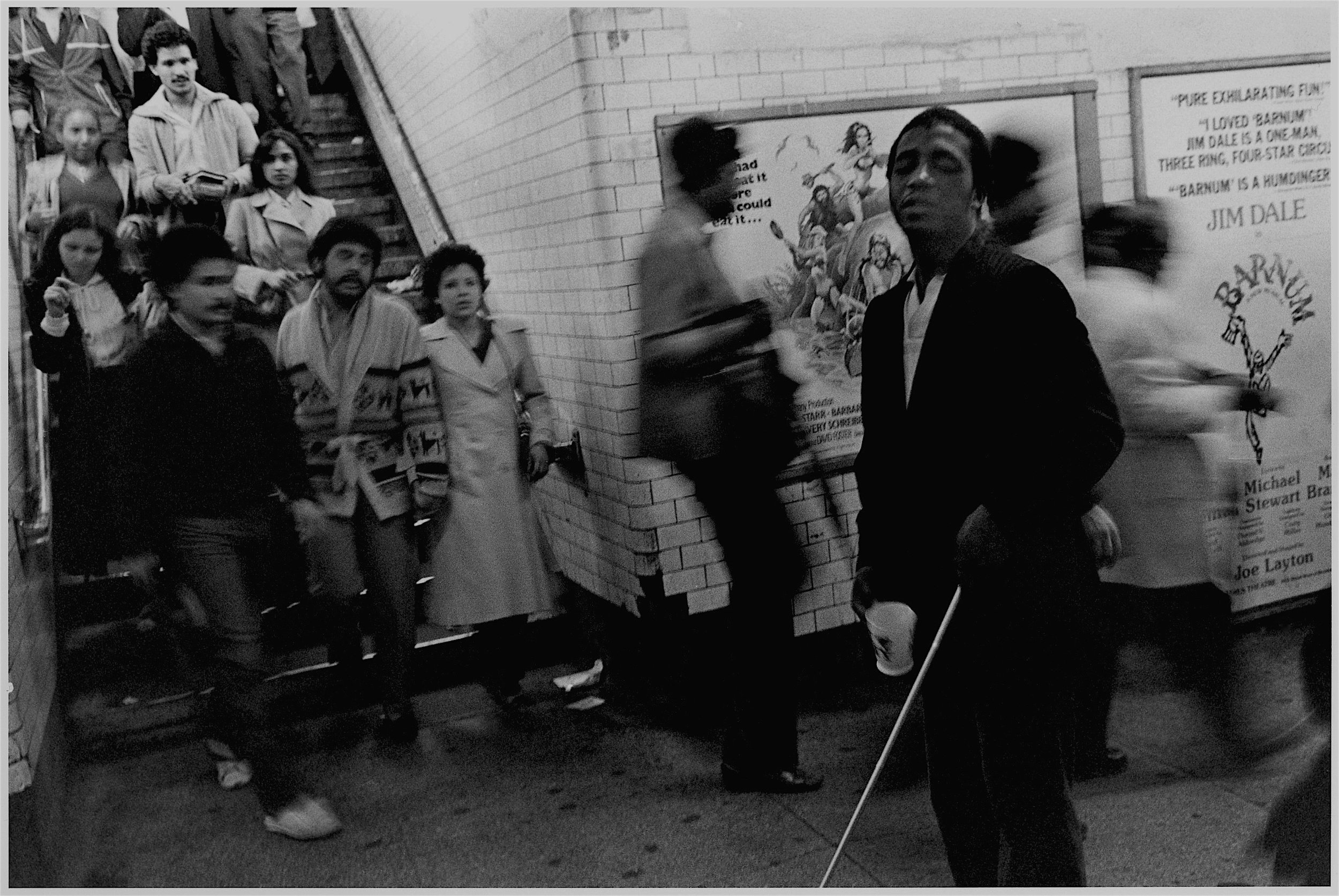 blind man at steps to #7 train, nyc, 1981
