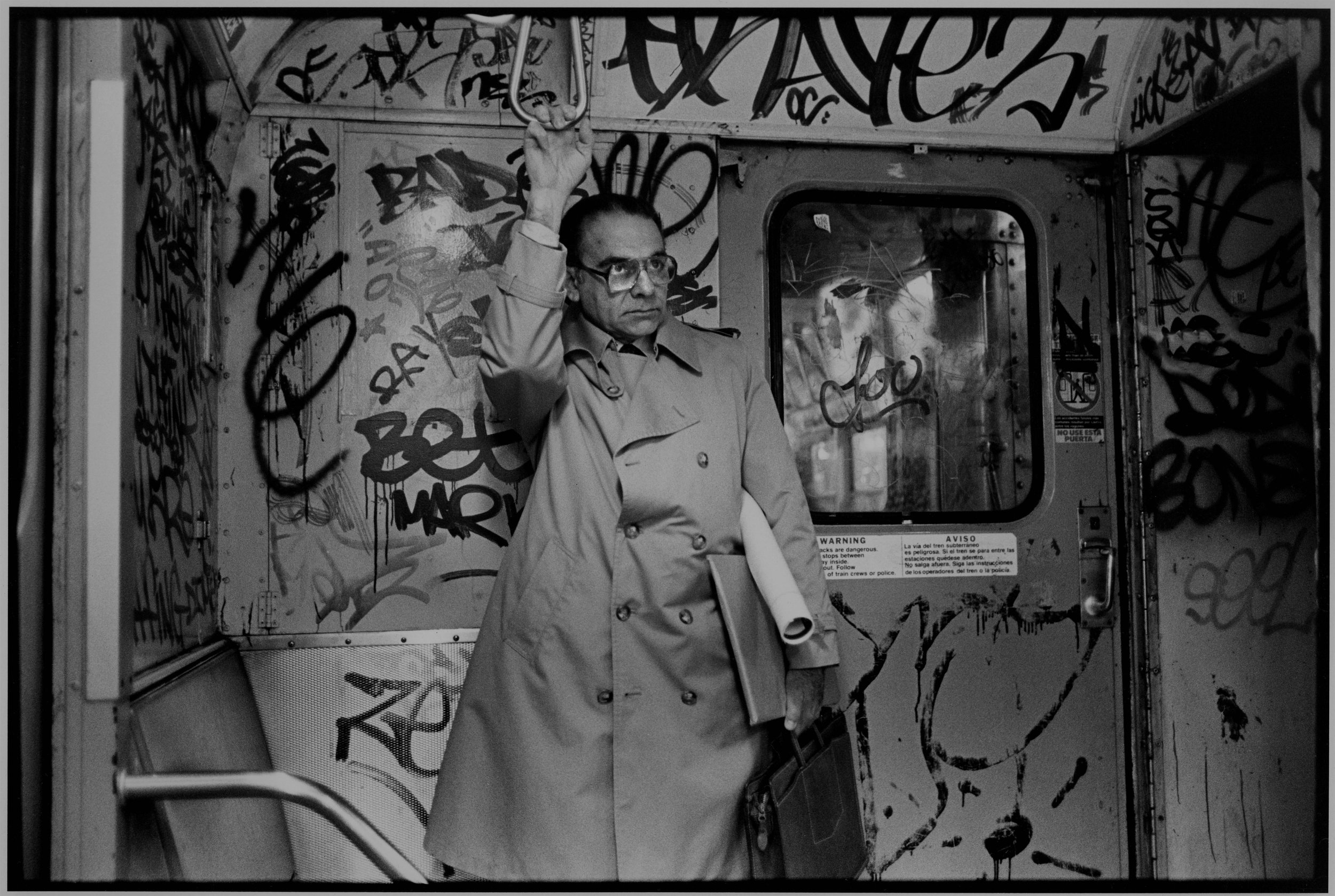 man with plans on graff train, nyc, mid 1980’s
