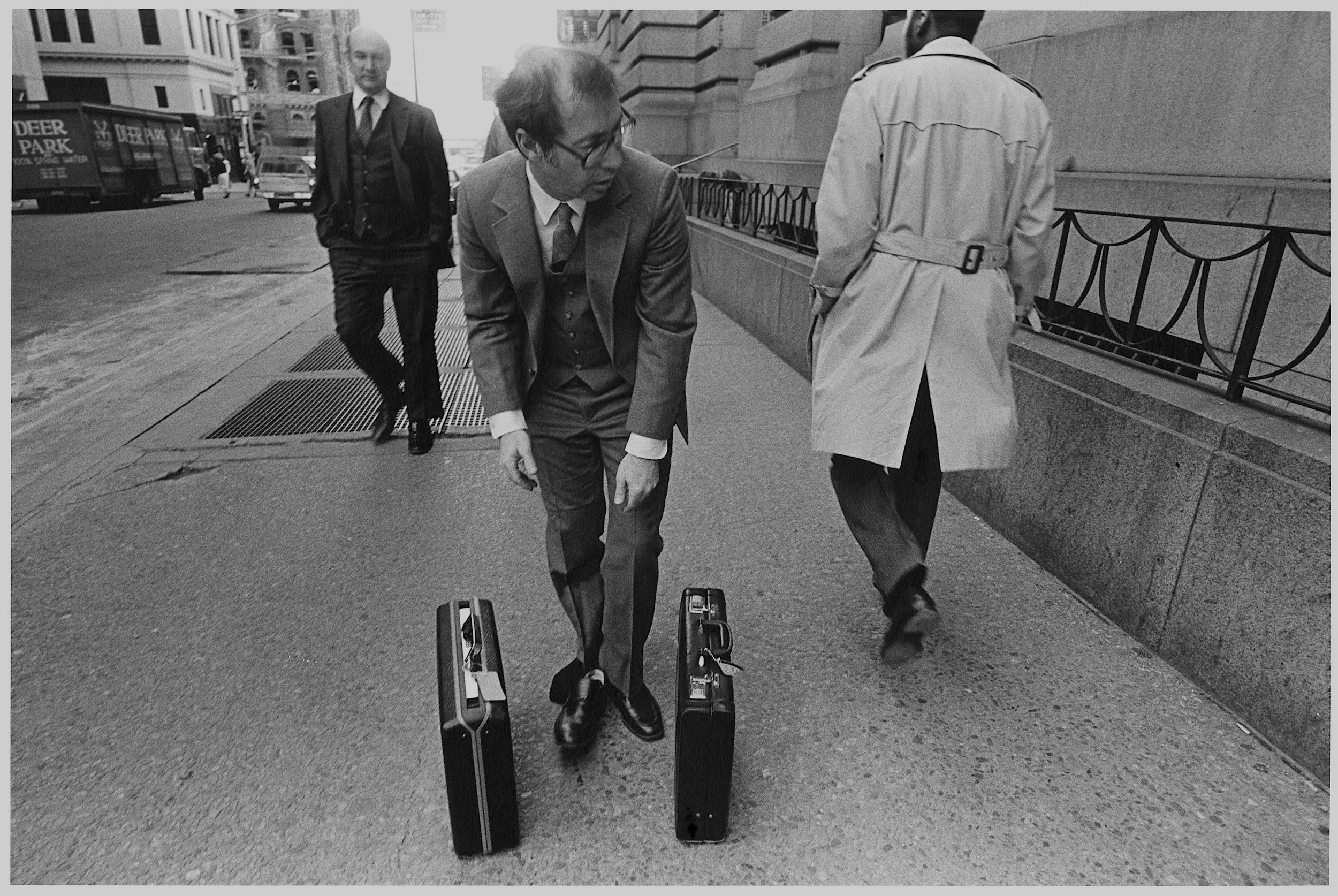 two briefcase's intrigue, lower broadway, nyc, late 1980’s