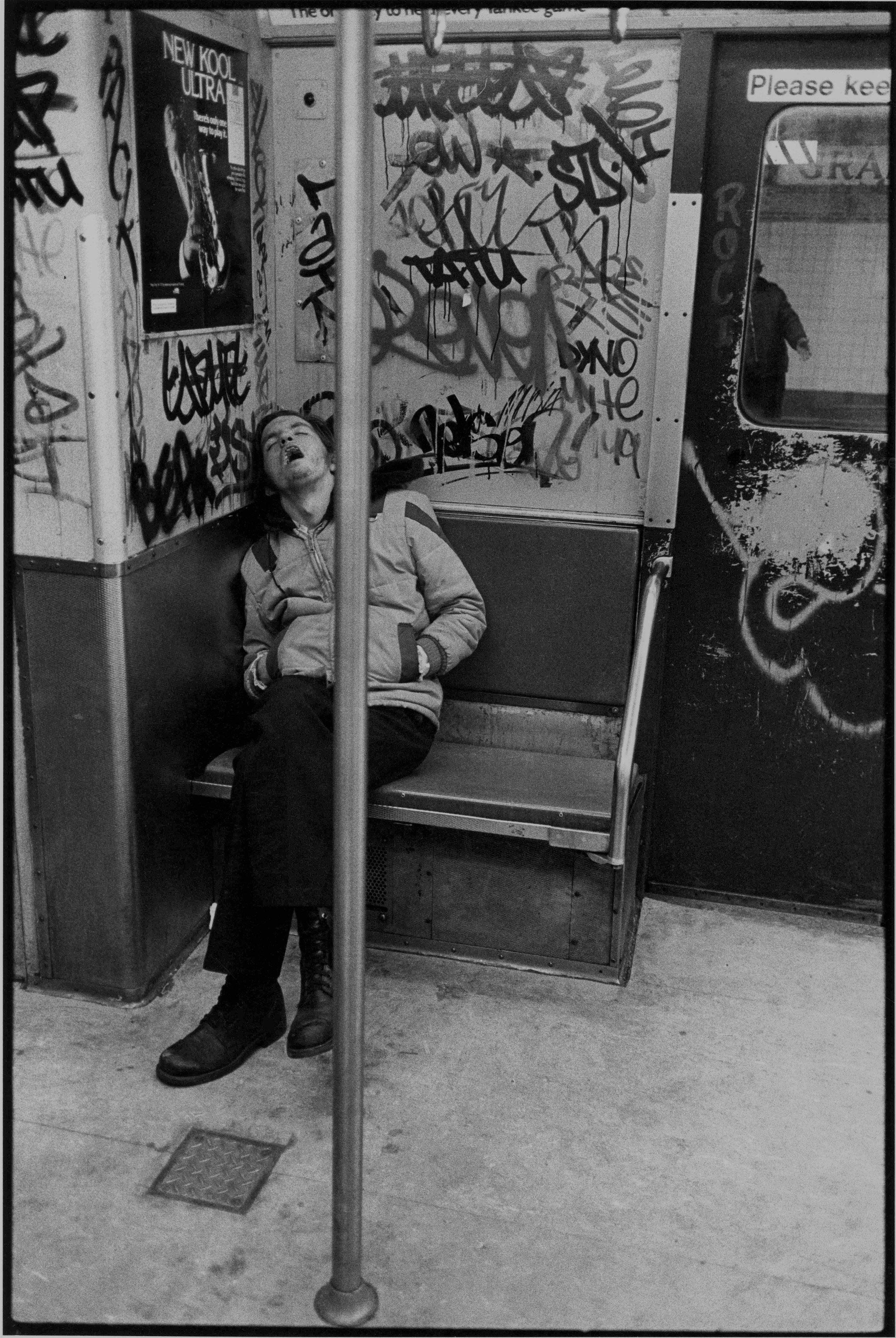 asleep on train, with mouth open, nyc, 1982