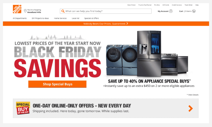 Splashes of orange make the Home Depot website visually cohesive and on-brand even when the logo isn't visible.