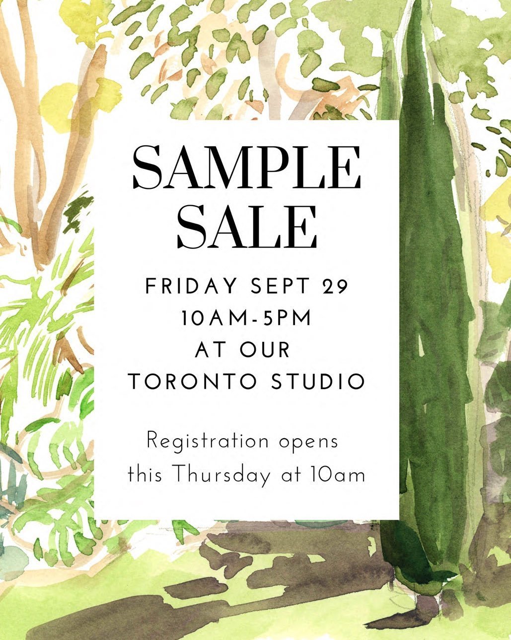 Our annual sample sale will take place at our Toronto studio next Friday September 29! Registration opens tomorrow at 10am.  Link will be posted in bio.  Or sign up for our newsletter and we&rsquo;ll send you an email!
