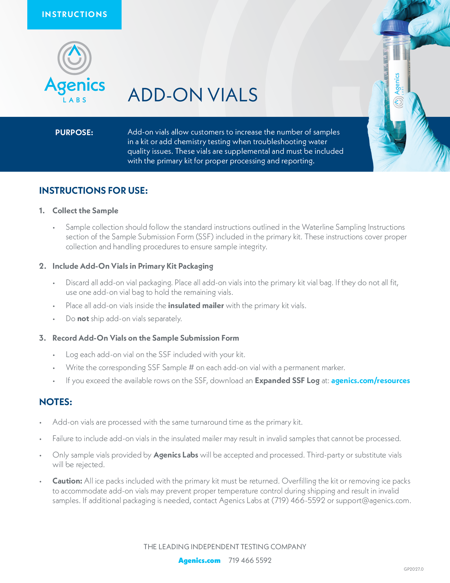 Instructions for use for add-on vials for mail-in water testing