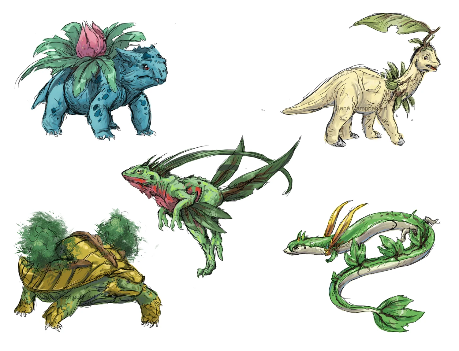 Realistic Pokémon Sketches: Grass Starter Evolutions