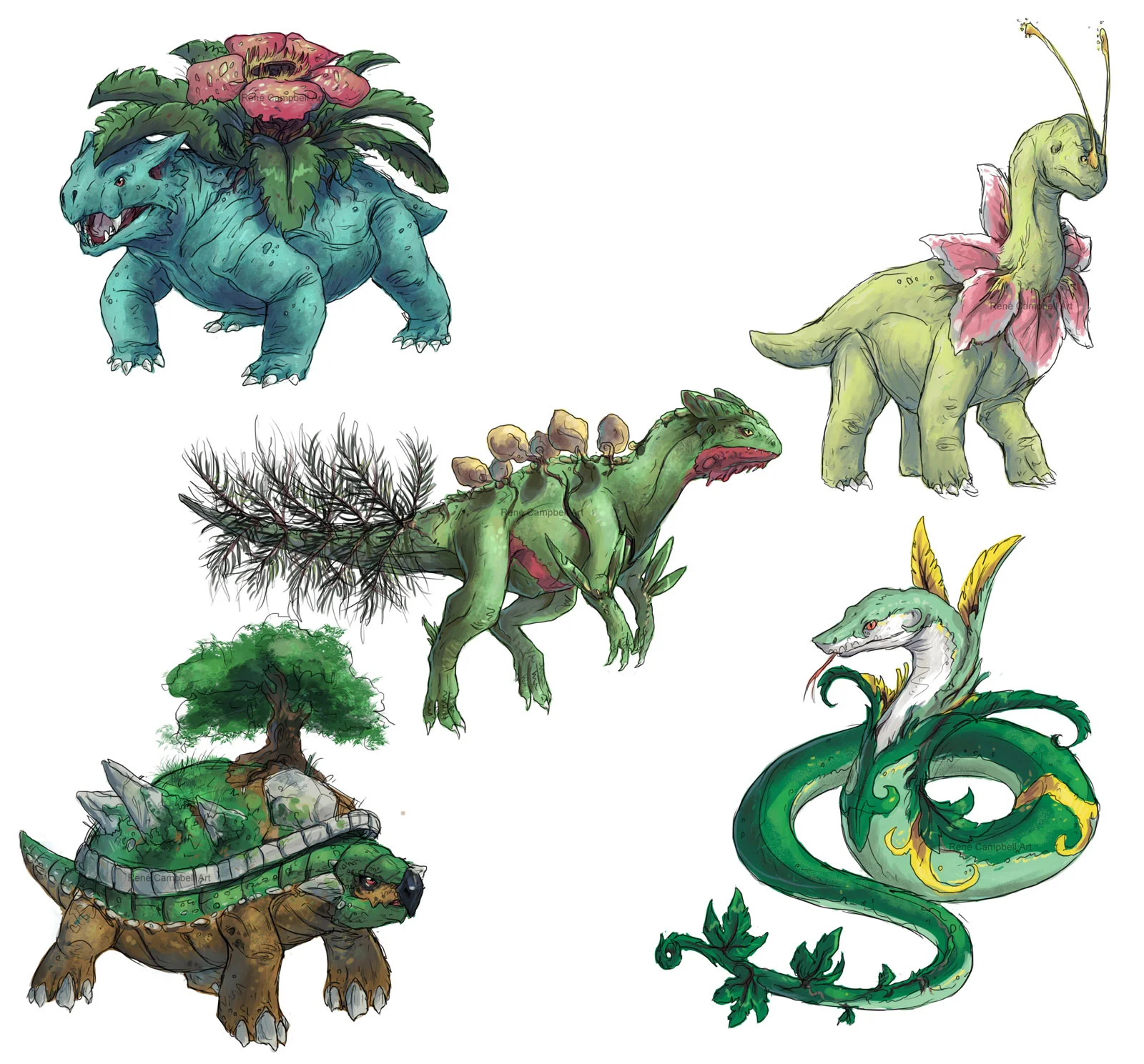 Realistic Pokémon Sketches: Final Grass Starter Evolutions