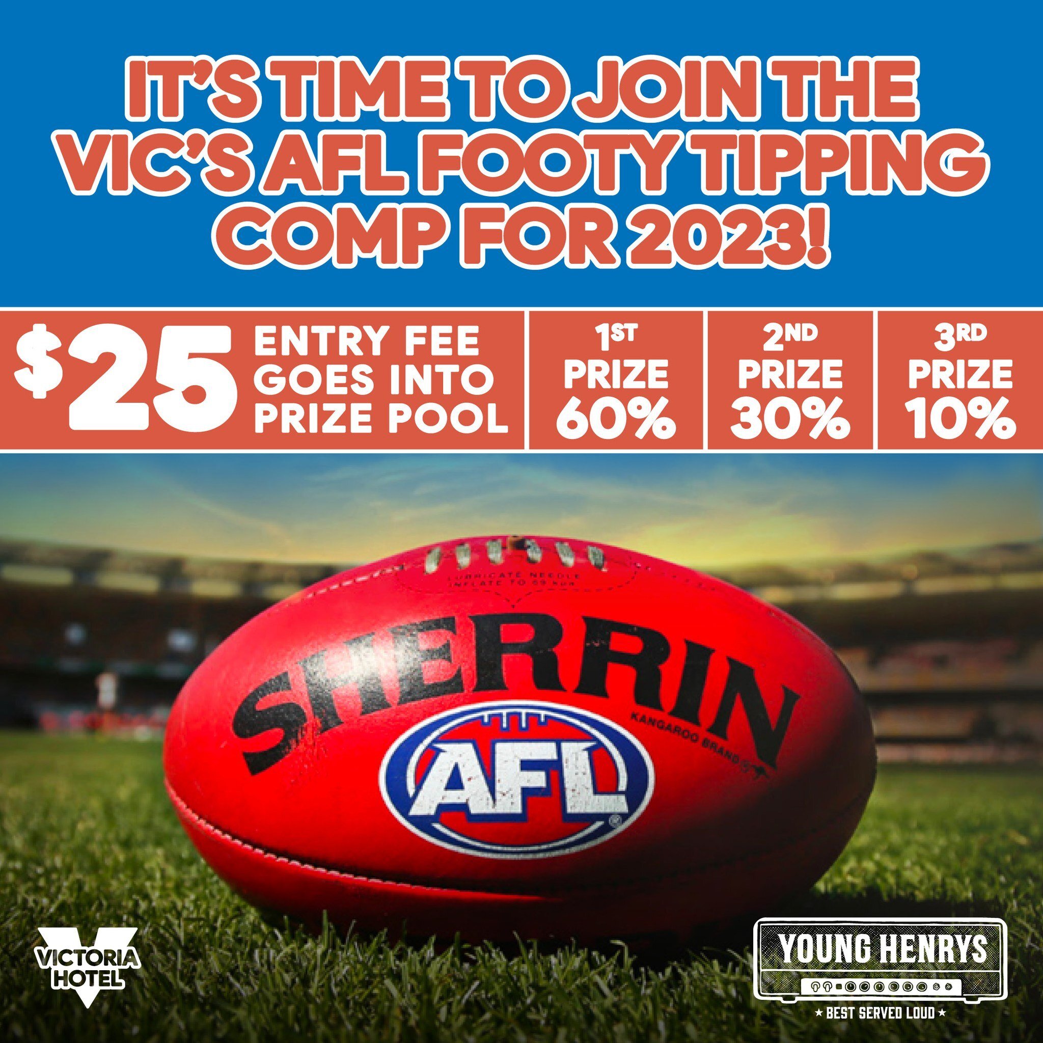 The 2023 AFL season is just around the corner so now is the time to join up to The Vic's footy tipping comp. 

https://victoriahotelbrunswick.com/footytipping

Last year's happy winner got over $1700! The more people who join the comp, the bigger the