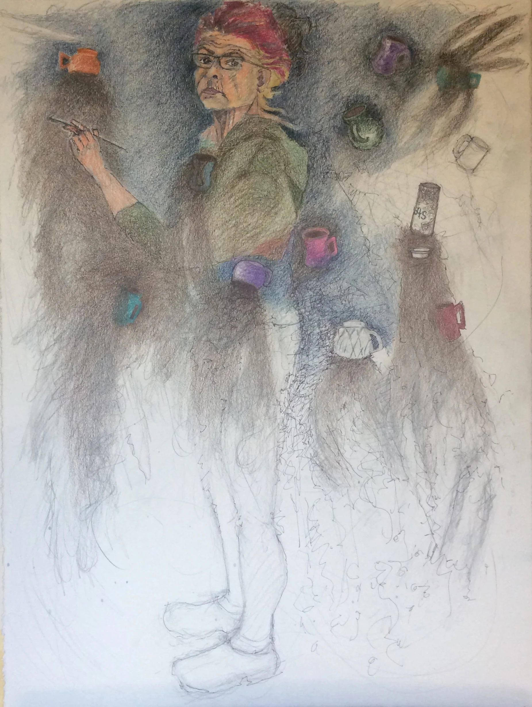"Self-portrait with flying coffee cups" 2017