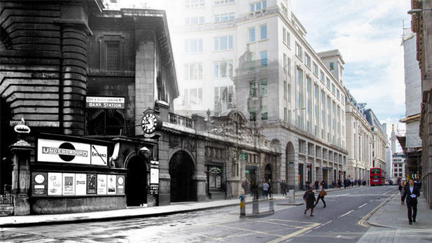 Bank Station then and now. Source The London Transport Museum. 