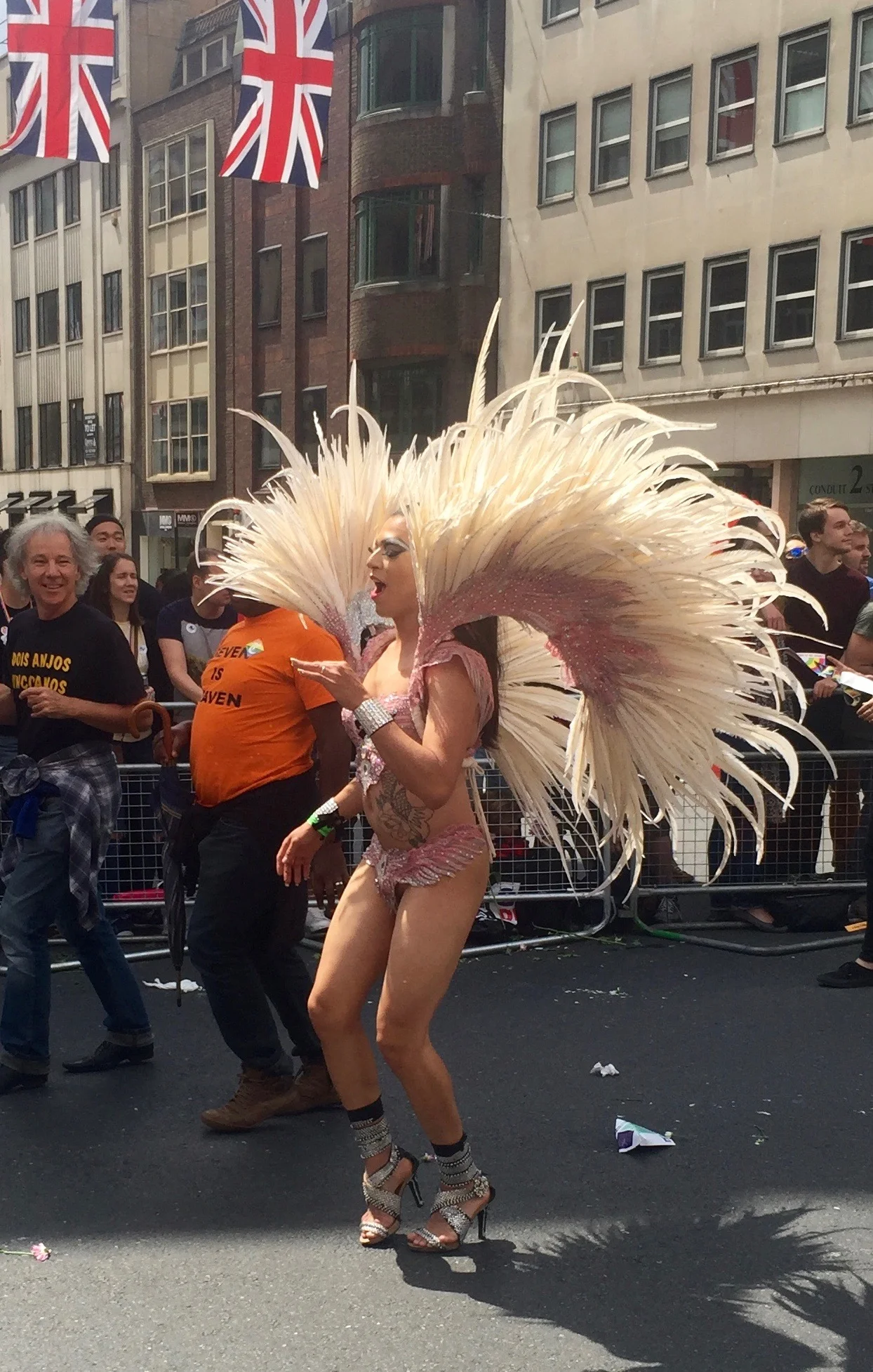 Feather headdress strutting the London Pride Parade.