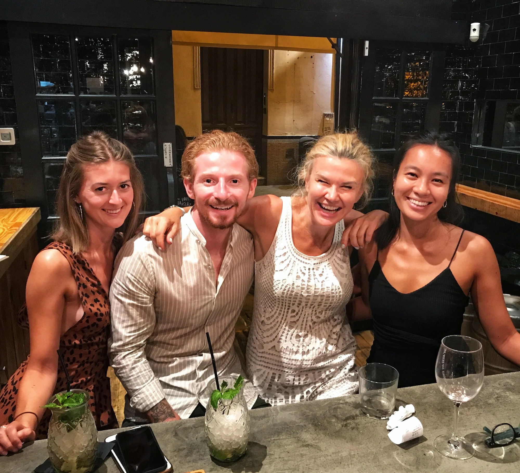 New friends at Ovejas Negras Restaurant, Seville.