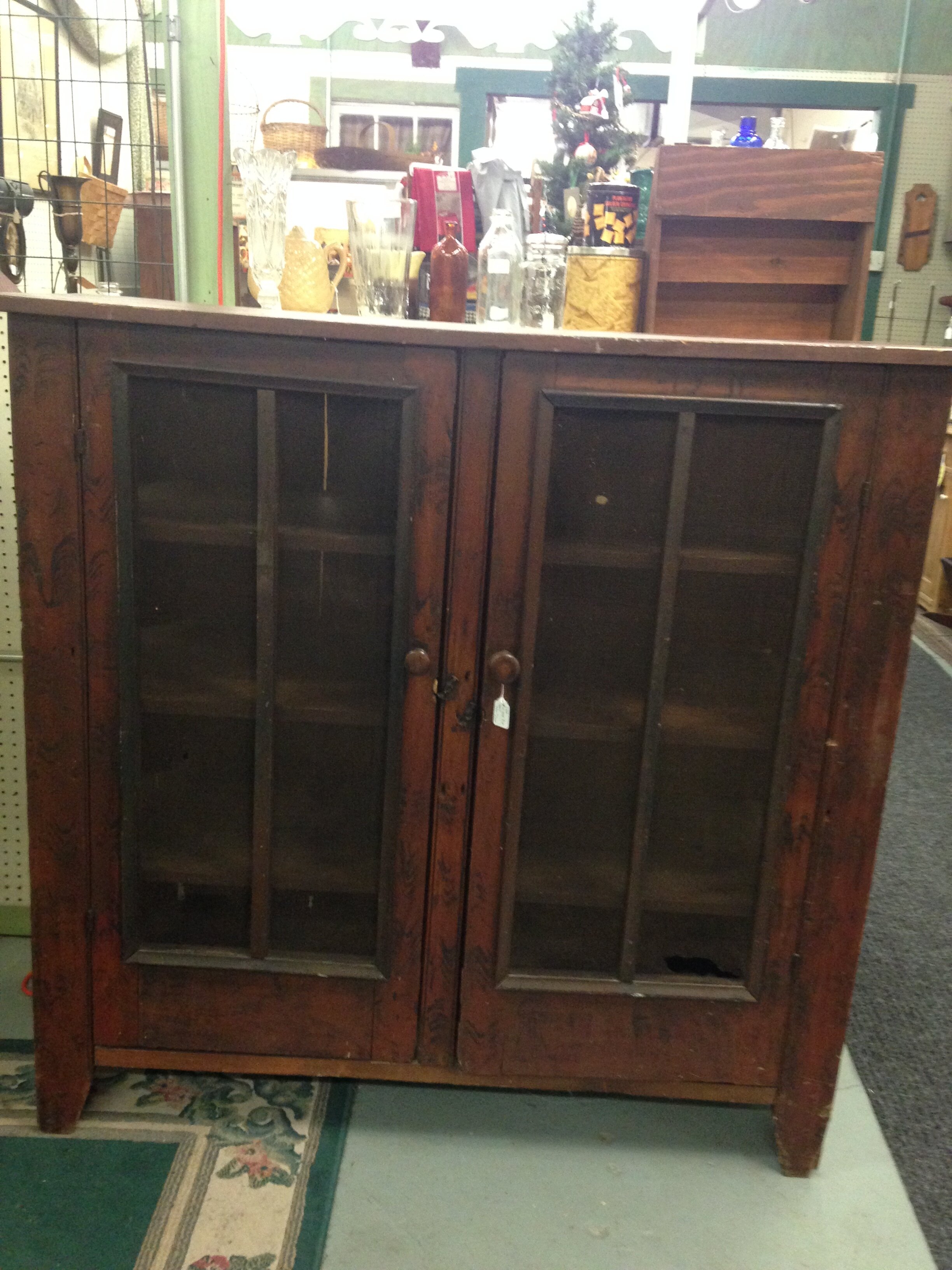 Great 1800's original paint decorated pie safe with square nails