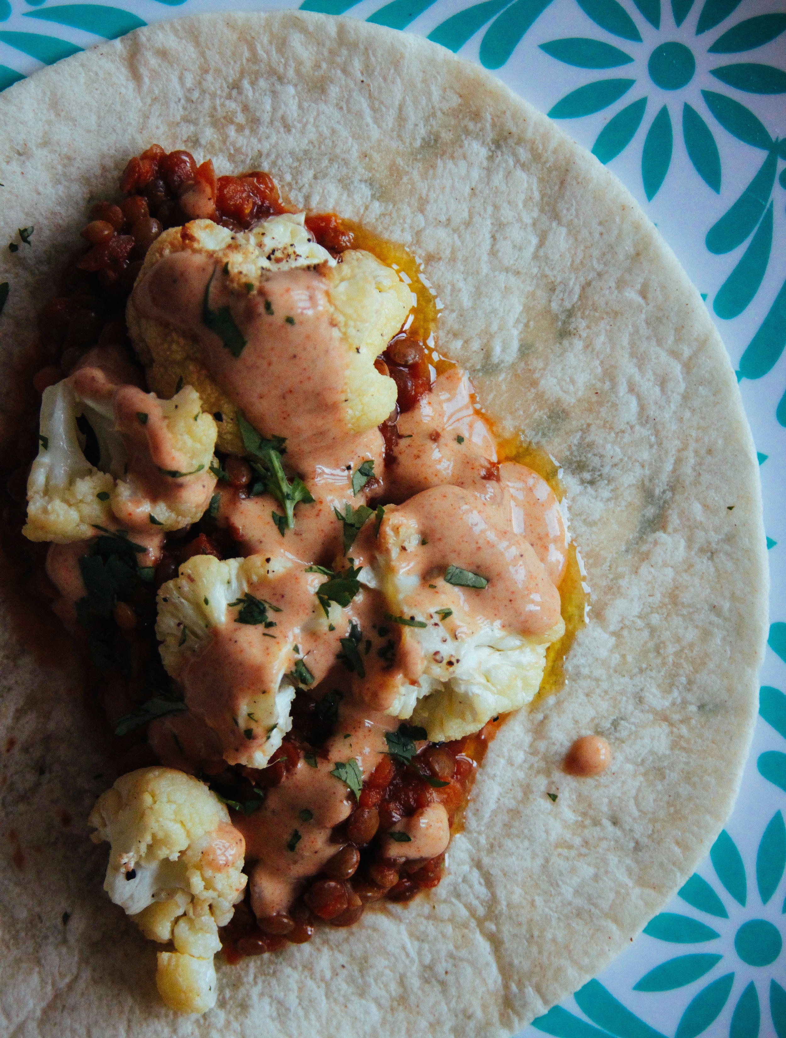 Roasted Cauliflower and Lentil Tacos with Mole Lime Sauce