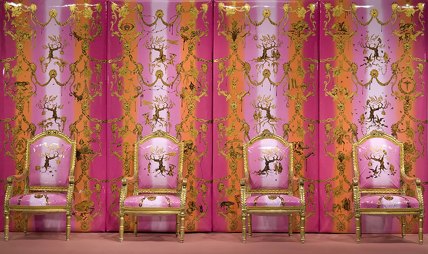 Inspired by Verre Eglomise, each panel is reverse painted on clear upholstery vinyl. The four horsemen of the apocalypse are The False Leader, War, Famine and Plague. 