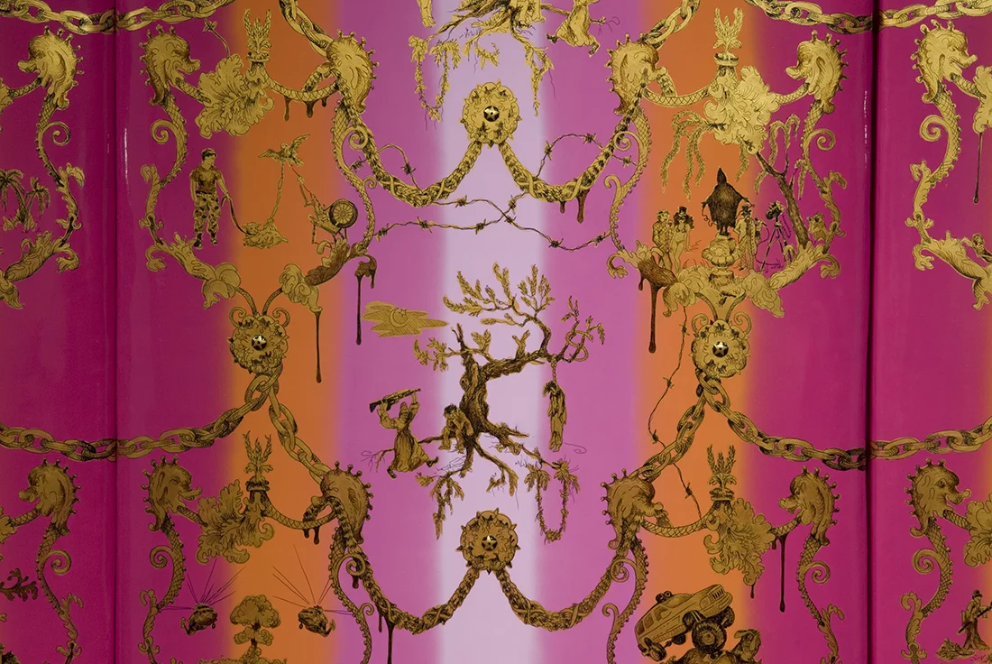 This is not about eschatology but rather a statement about greed and corruption encouraged by the United States of America portrayed through fifty separate cartouches. 