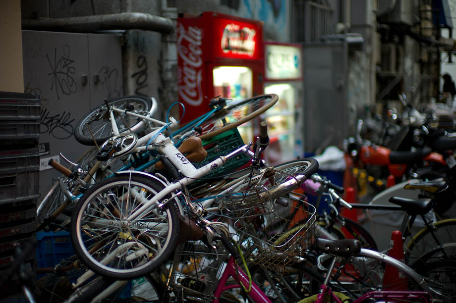 A pile of bikes in Shibuya, Tokyo, Japan