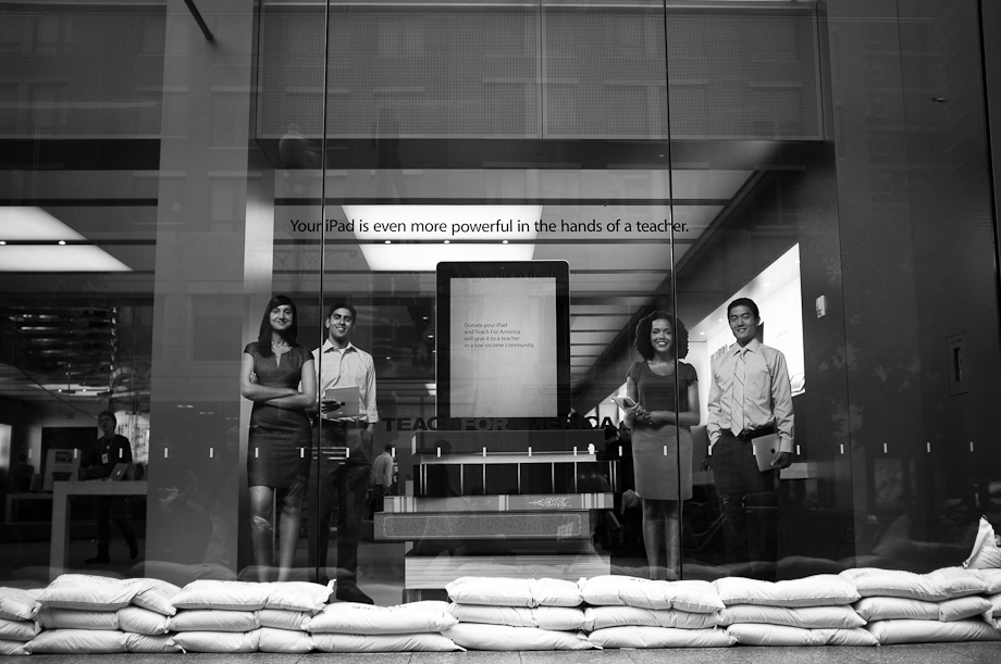 Sand Bags in front of the Apple Store in Boston